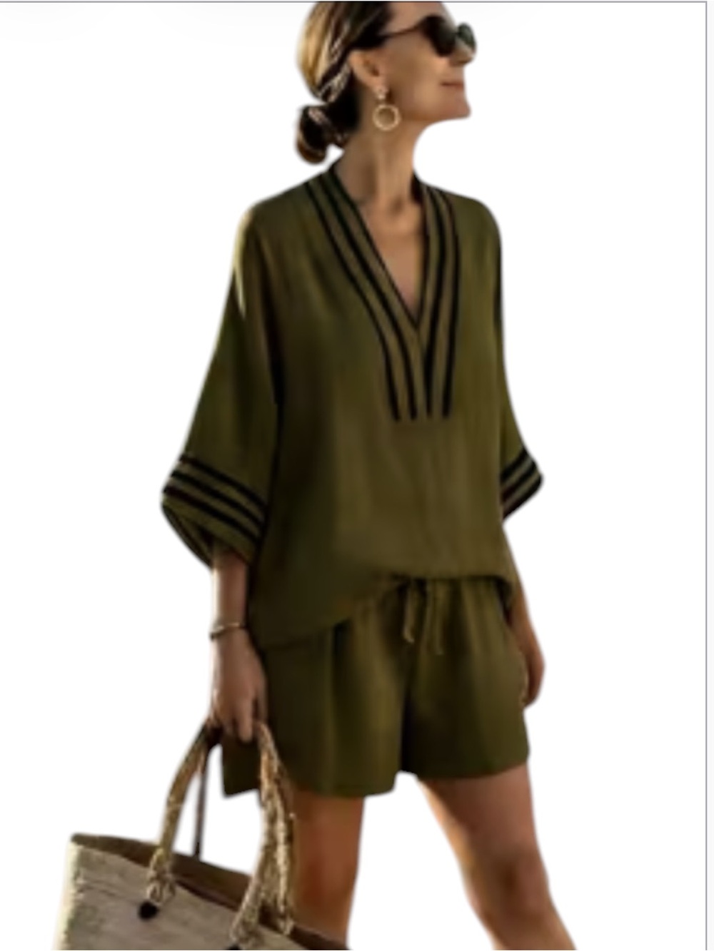 Scato 2 Pc Set Linen Look Set Relaxed V-Neck Olive Blouse & Shorts NWT/NIP Sz Lg